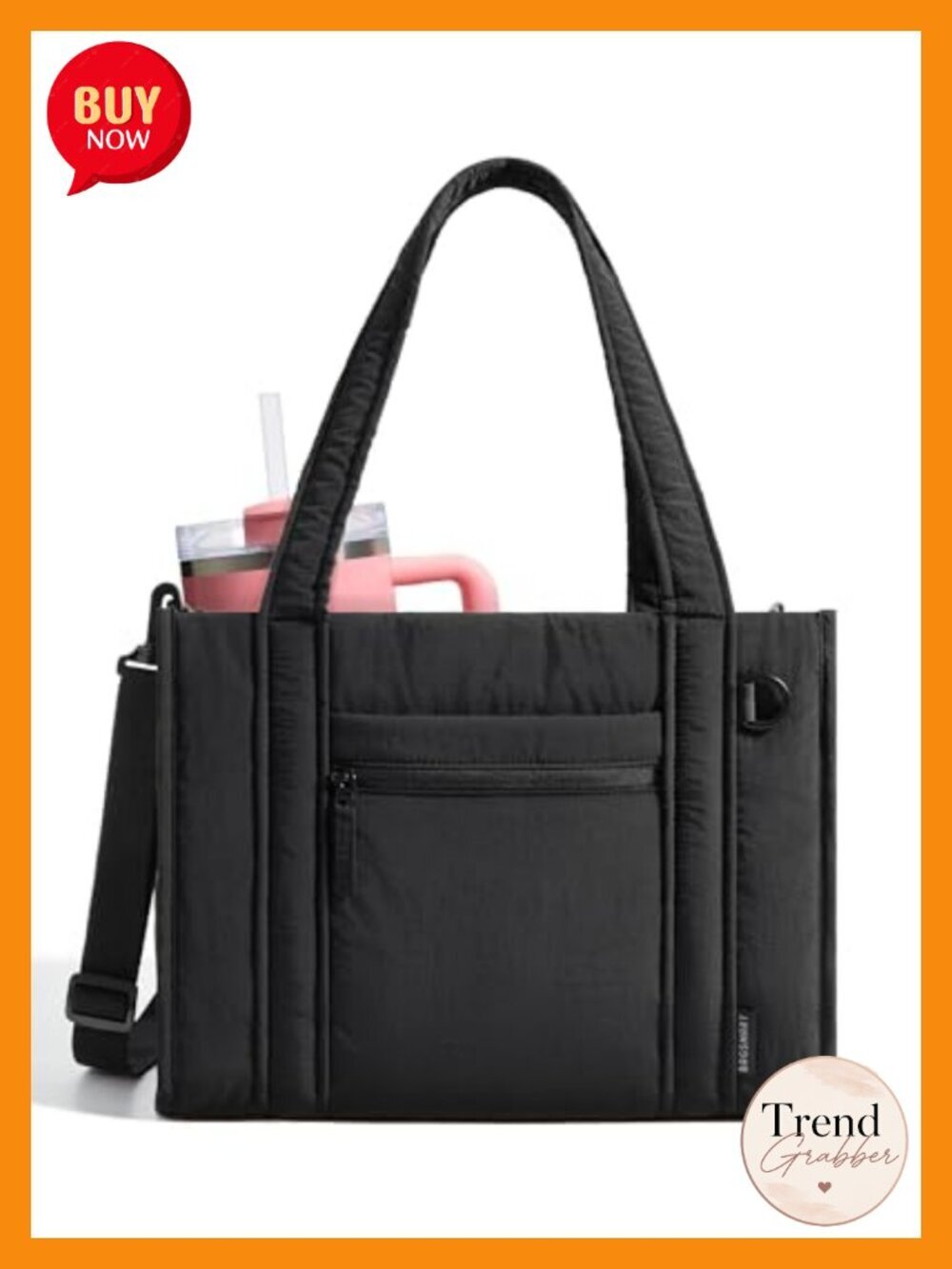 Quilted Nylon Tote with Crossbody Strap, 20L Laptop Bag for Work Travel